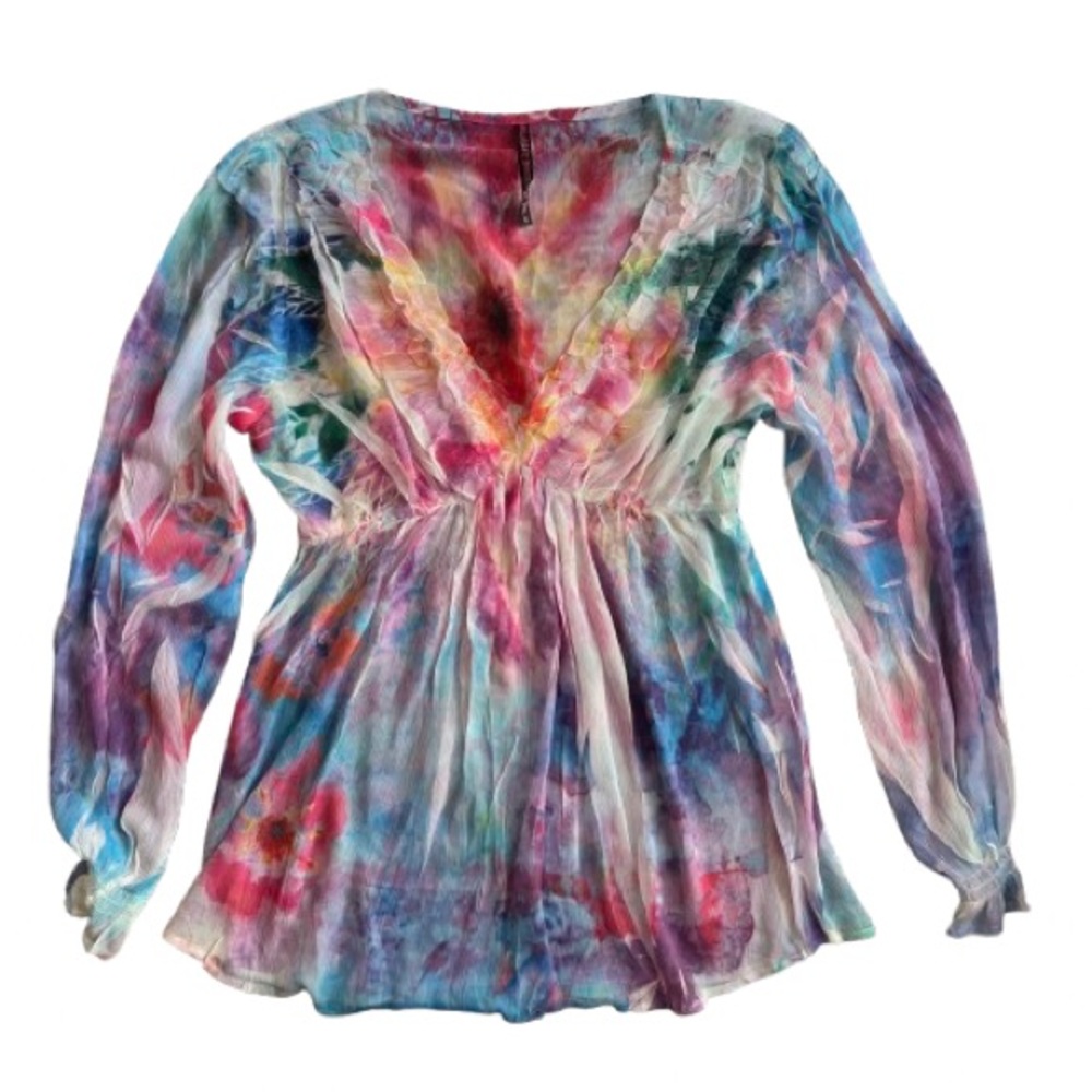 Mushka by Sienna Multicolor ruffle lightweight Y2K Women's vneck Top blouse Sz S